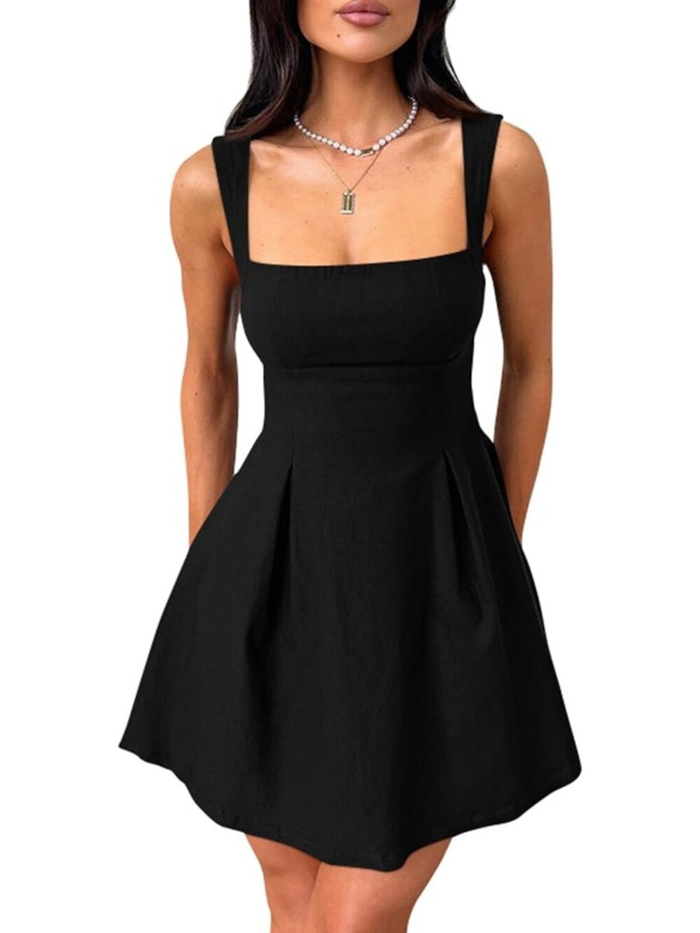 Women's Sleeveless Square Neck Black Straps Bow Tie A-line Mini Party Club Dress